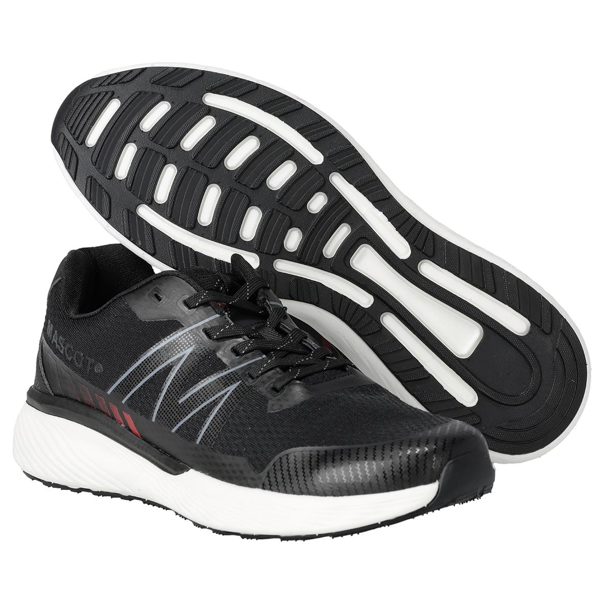 Svart löparskor med vita och röda detaljer, gummisula och snörning