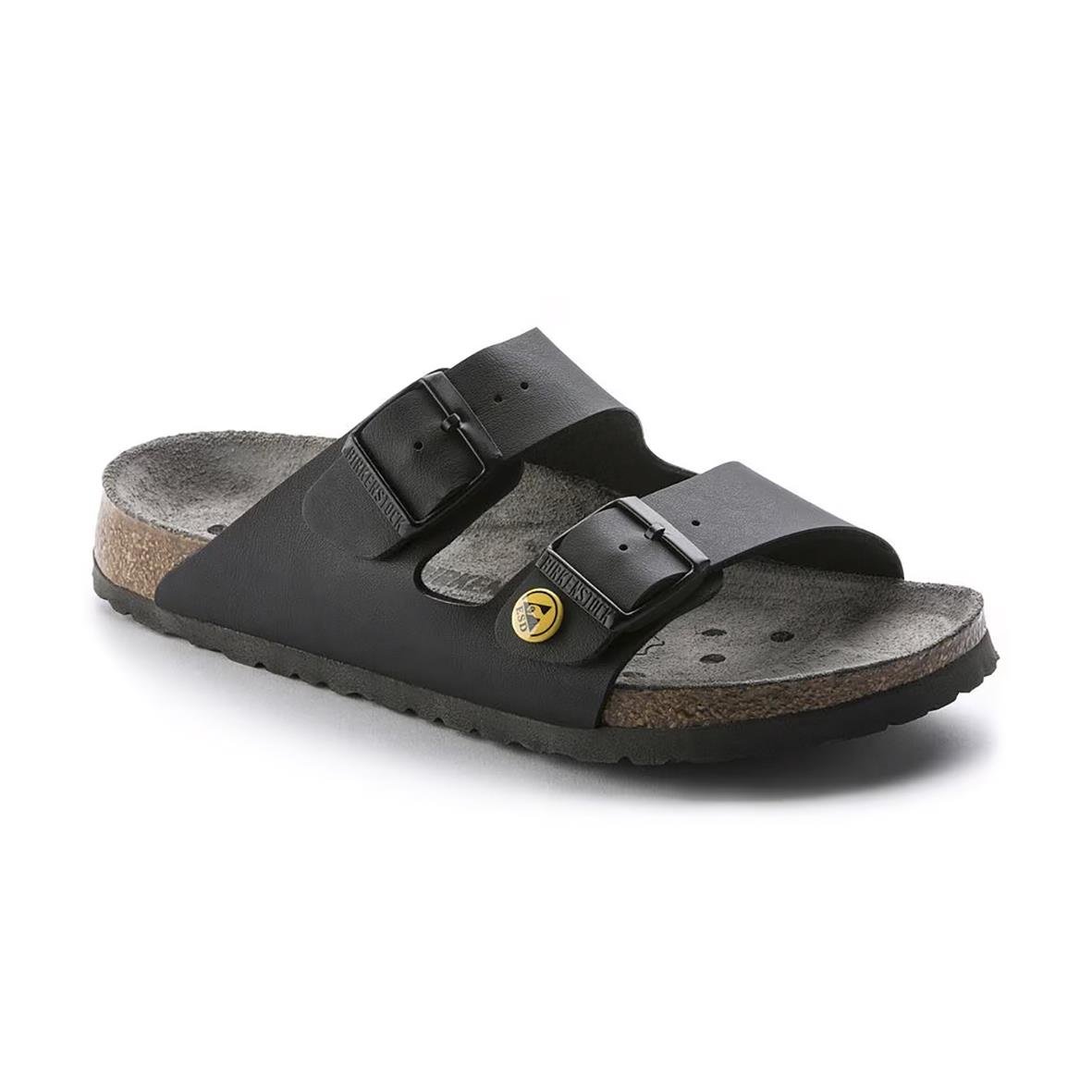 Svart Birkenstock Arizona ESD sandal med två band och justerbara spännen, liten storlek 35