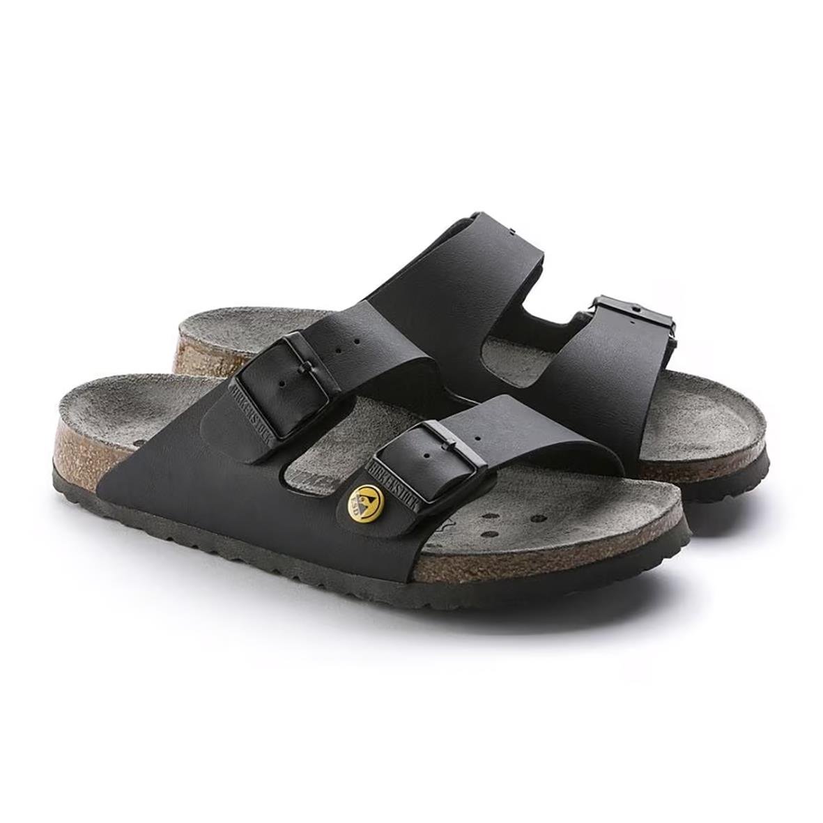 Svarta Birkenstock Arizona ESD sandaler med två justerbara remmar och korksula, storlek 36