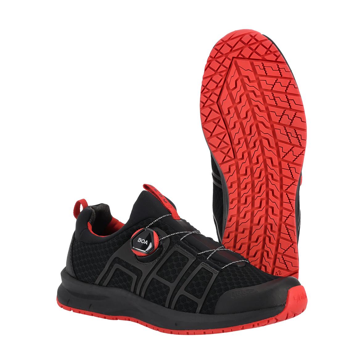 Svarta och röda arbets- och sportskor med BOA-spänne och gummisula