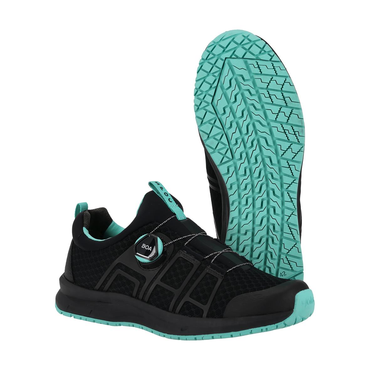 Svart och turkos arbetsko med BOA-spänne och mönstrad sula