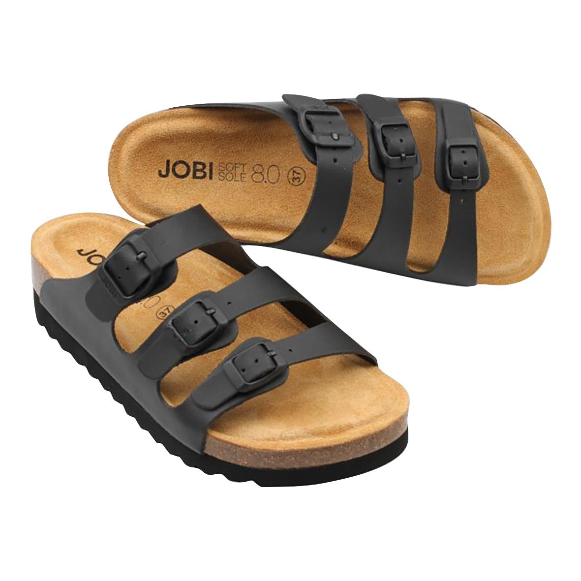 Svarta sandaler med tre justerbara remmar och korksula, storlek 36, från Jobi Murcia