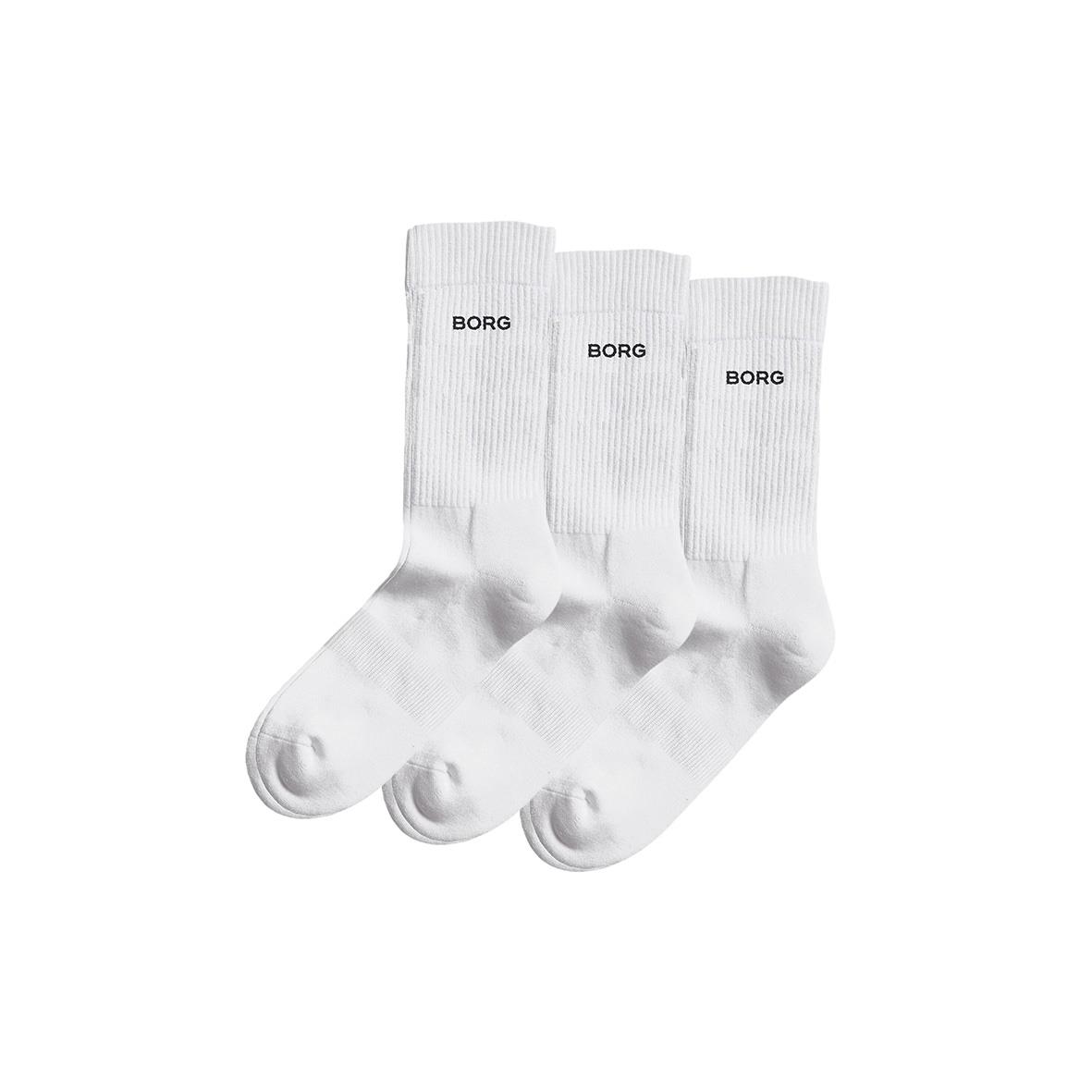 Tre vita sportstrumpor med BORG-tryck och ribbad design