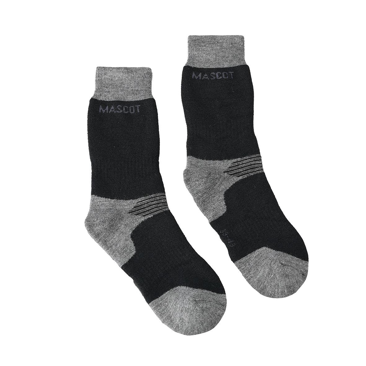 Svarta och mörkgrå strumpor med MASCOT-tryck och randiga detaljer, storlek 39-43