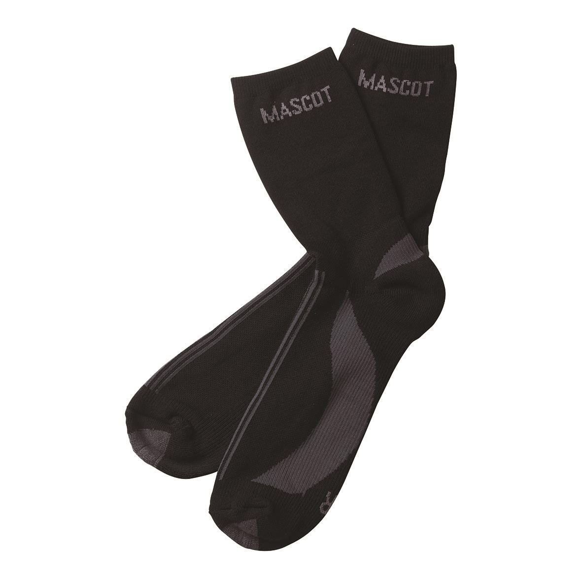 Svarta strumpor med MASCOT-tryck och gråa detaljer, storlek 36-38