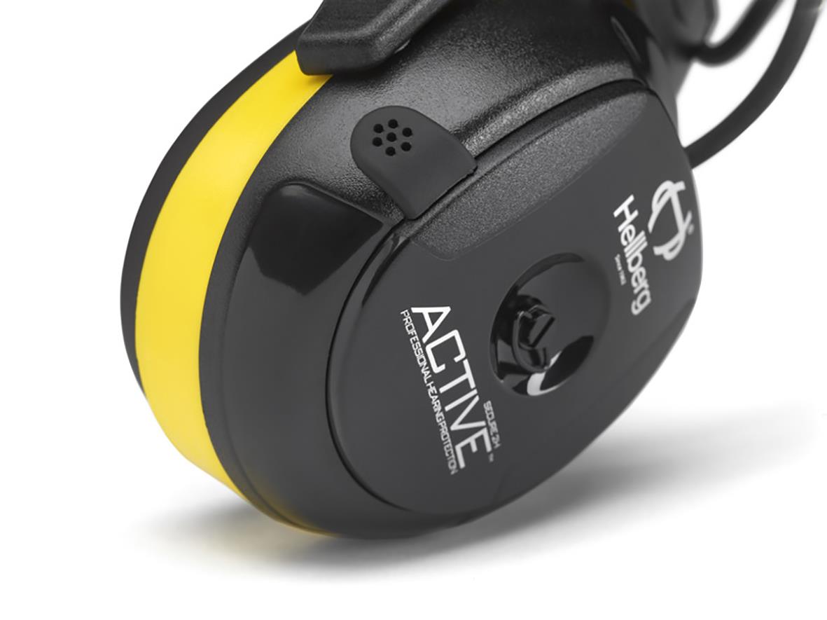 Hörlurar med svart och gul design, märkt Hjälmkåpa Hellberg Secure 2C Active