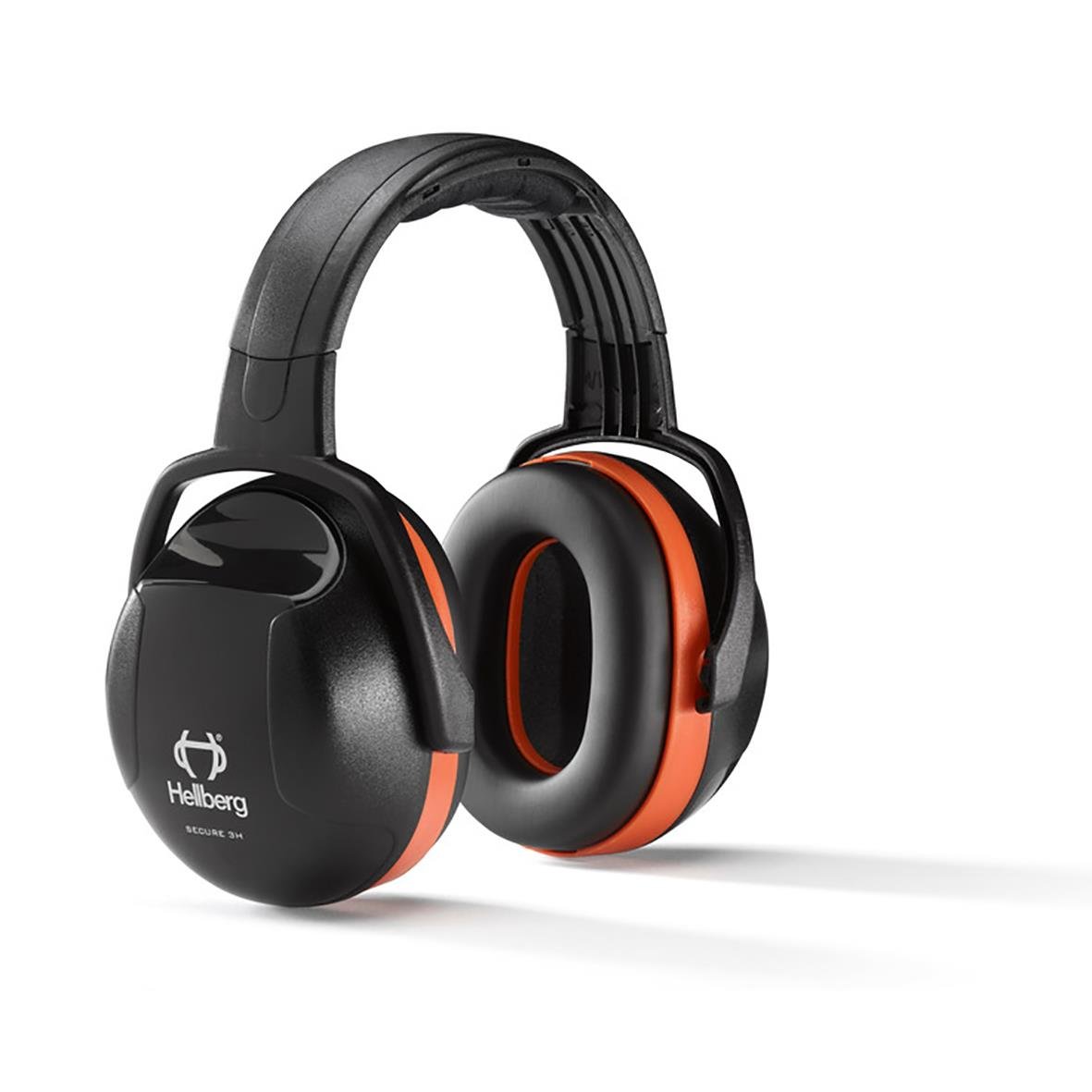 Hörselkåpa Hellberg Secure 3H med hjässbygel i svart och orange färg