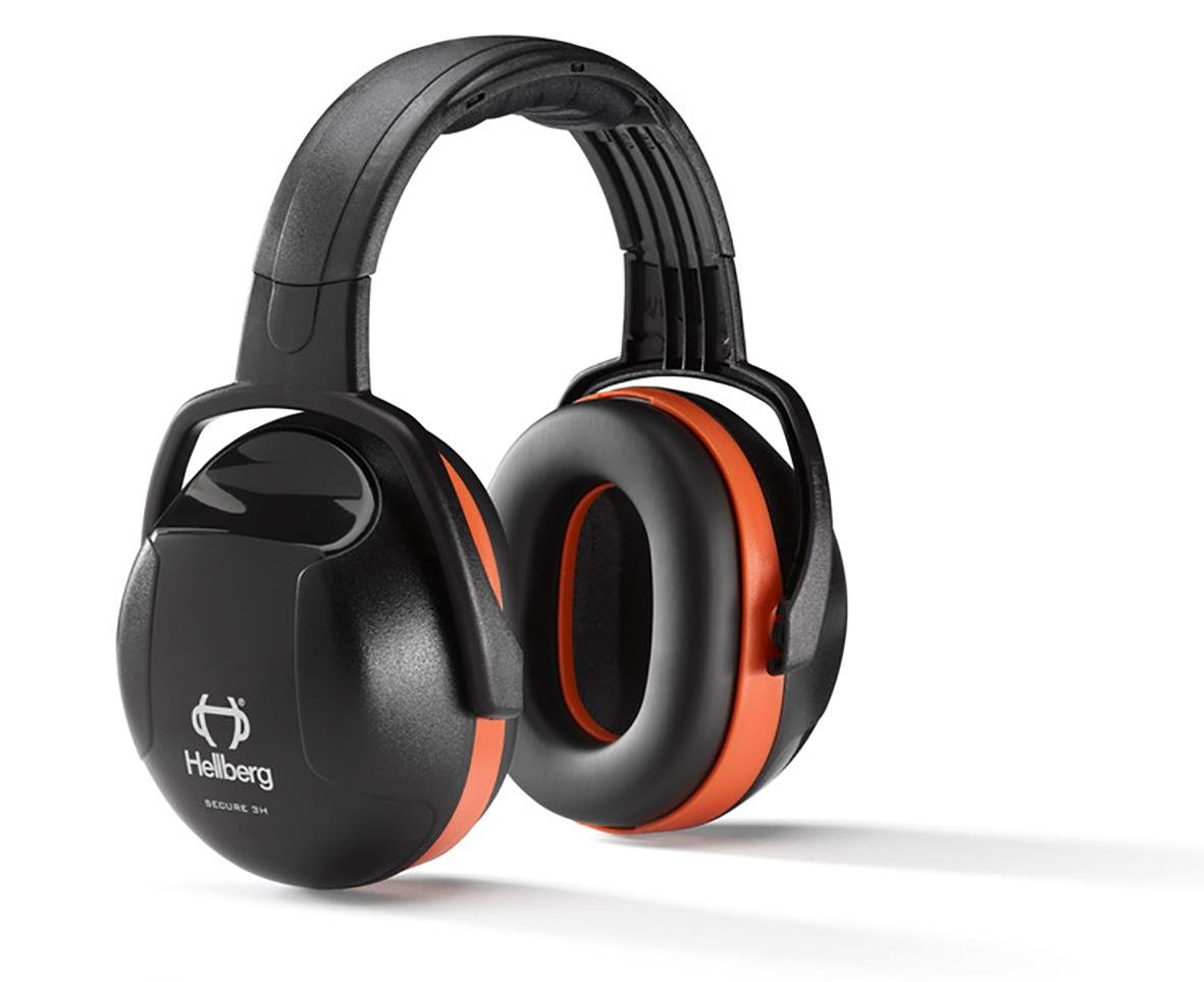 Hörselkåpa Hellberg Secure 3H med hjässbygel i svart och orange färg