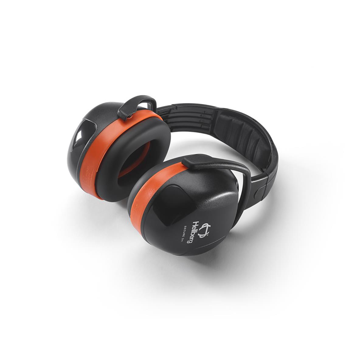 Hörselkåpa Hellberg Secure 3H med hjässbygel i svart och orange färg