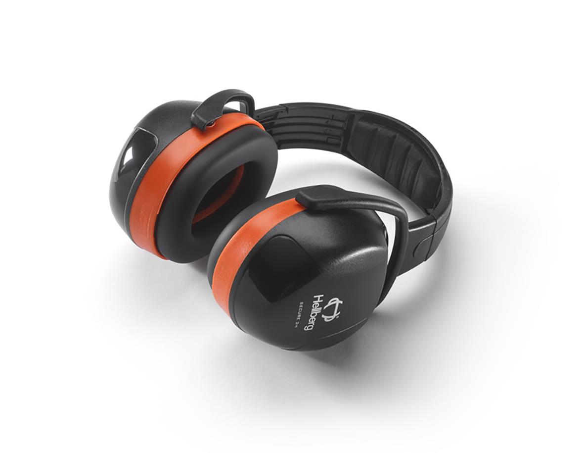 Hörselkåpa Hellberg Secure 3H med hjässbygel i svart och orange färg