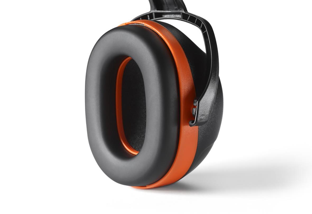 Hörselkåpa Hellberg Secure 3H med hjässbygel i svart och orange färg