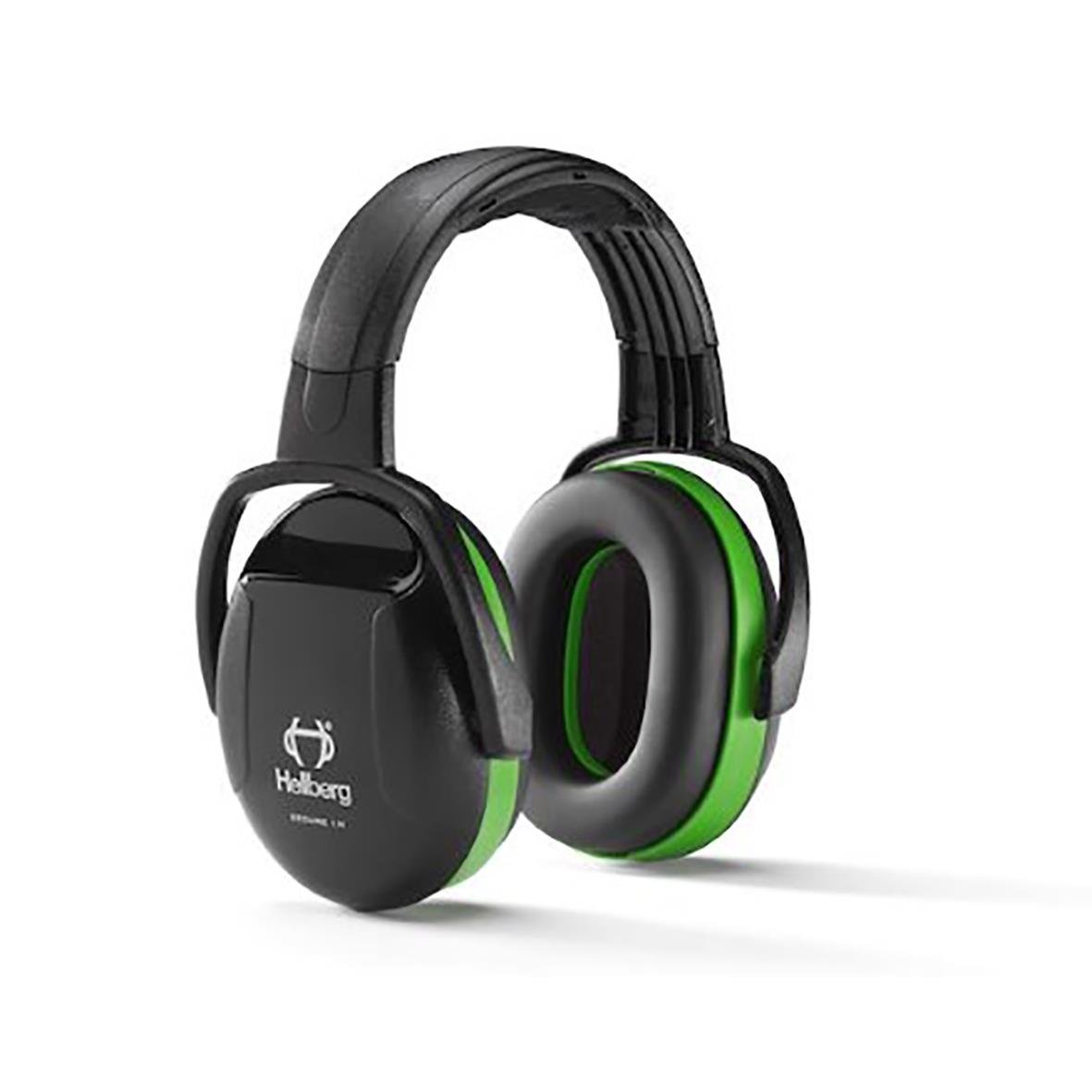 Hörselkåpa Hellberg Secure 1H med hjässbygel och gröna detaljer