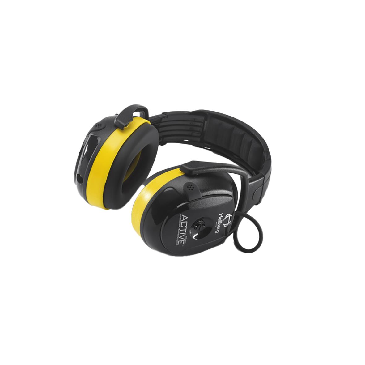 Hörselkåpa Hellberg Secure 2H Active i svart och gult, hörselskydd med justerbar huvudband och hörselkåpor