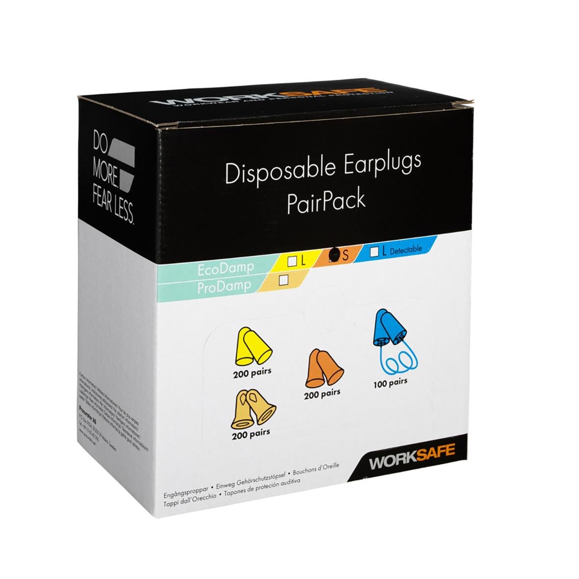 Första hjälpen hörselproppar i gul, orange och blå, 200 par per färg, i svart och vit förpackning