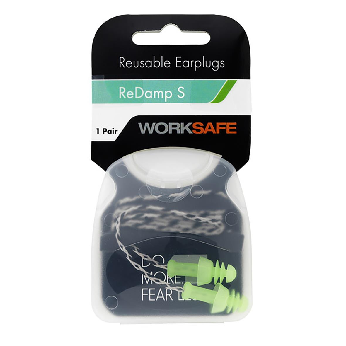 Gröna hörselproppar i plastförpackning med snöre och text Worksafe ReDamp S