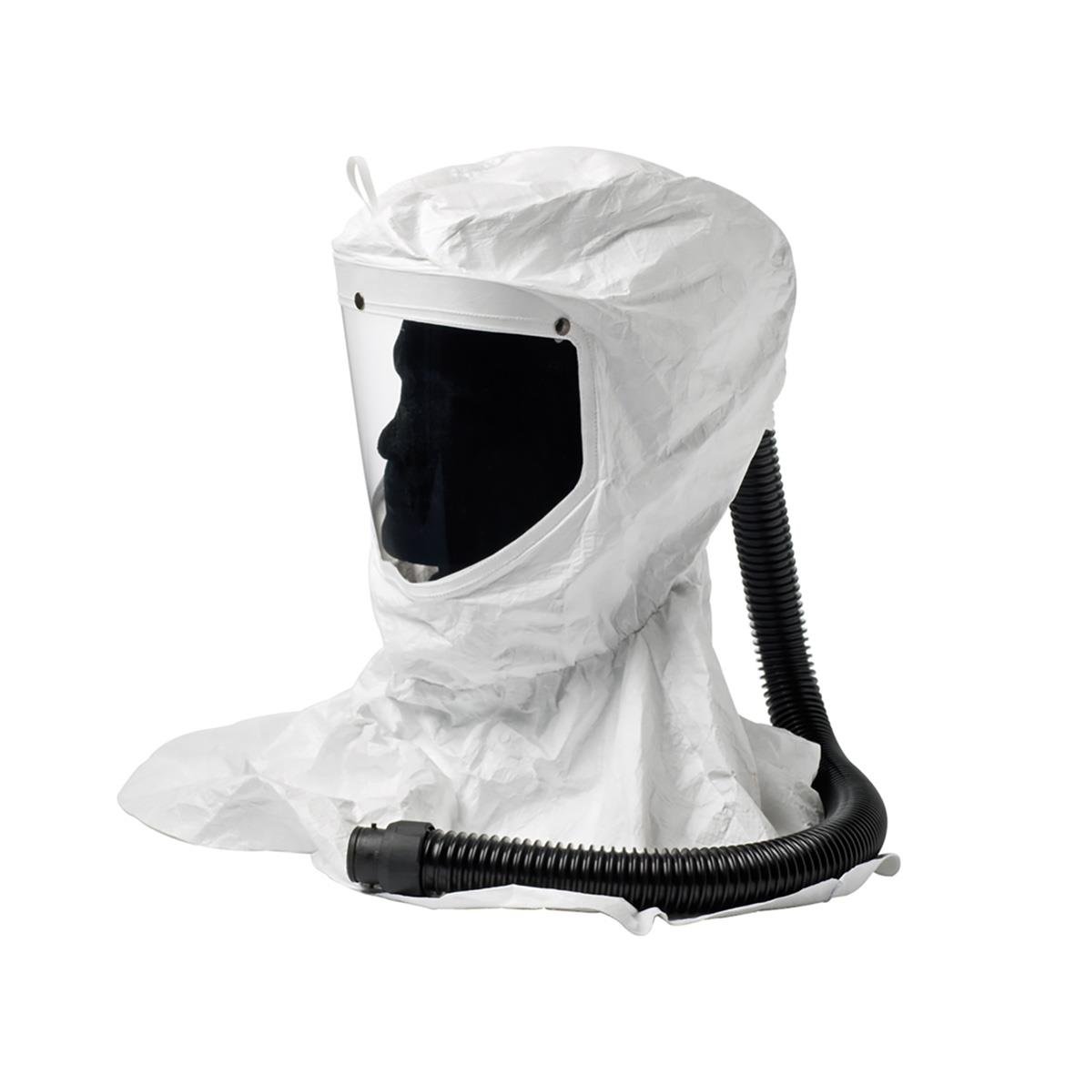 Skyddsmask med andningsslang och visir, vit skyddsklädsel