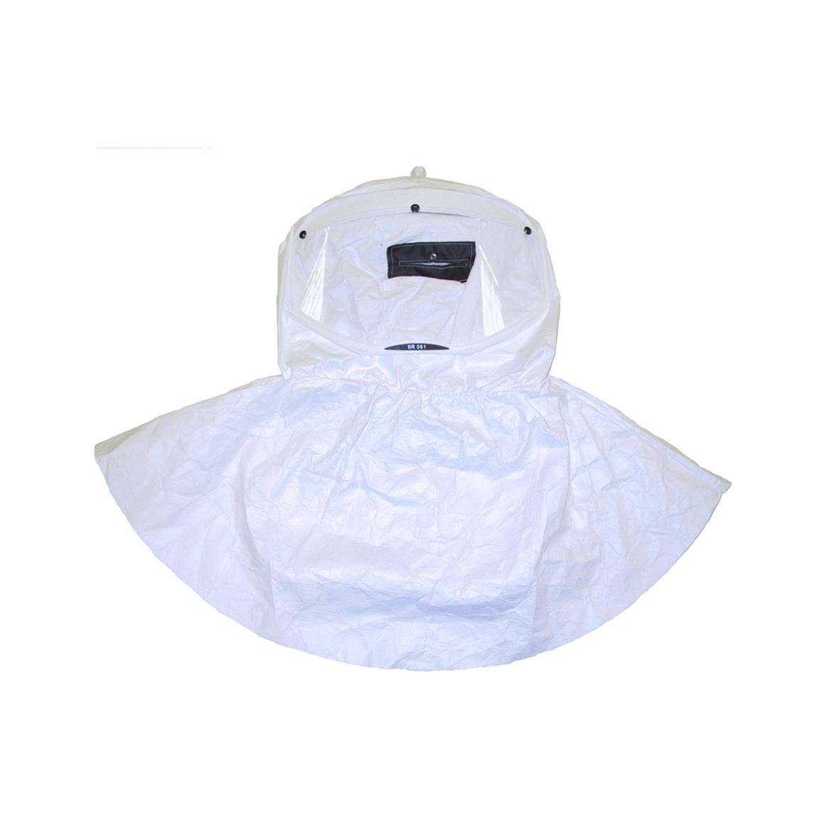 Vit skyddshuva med huva och svart fönster för ansiktsigenkänning