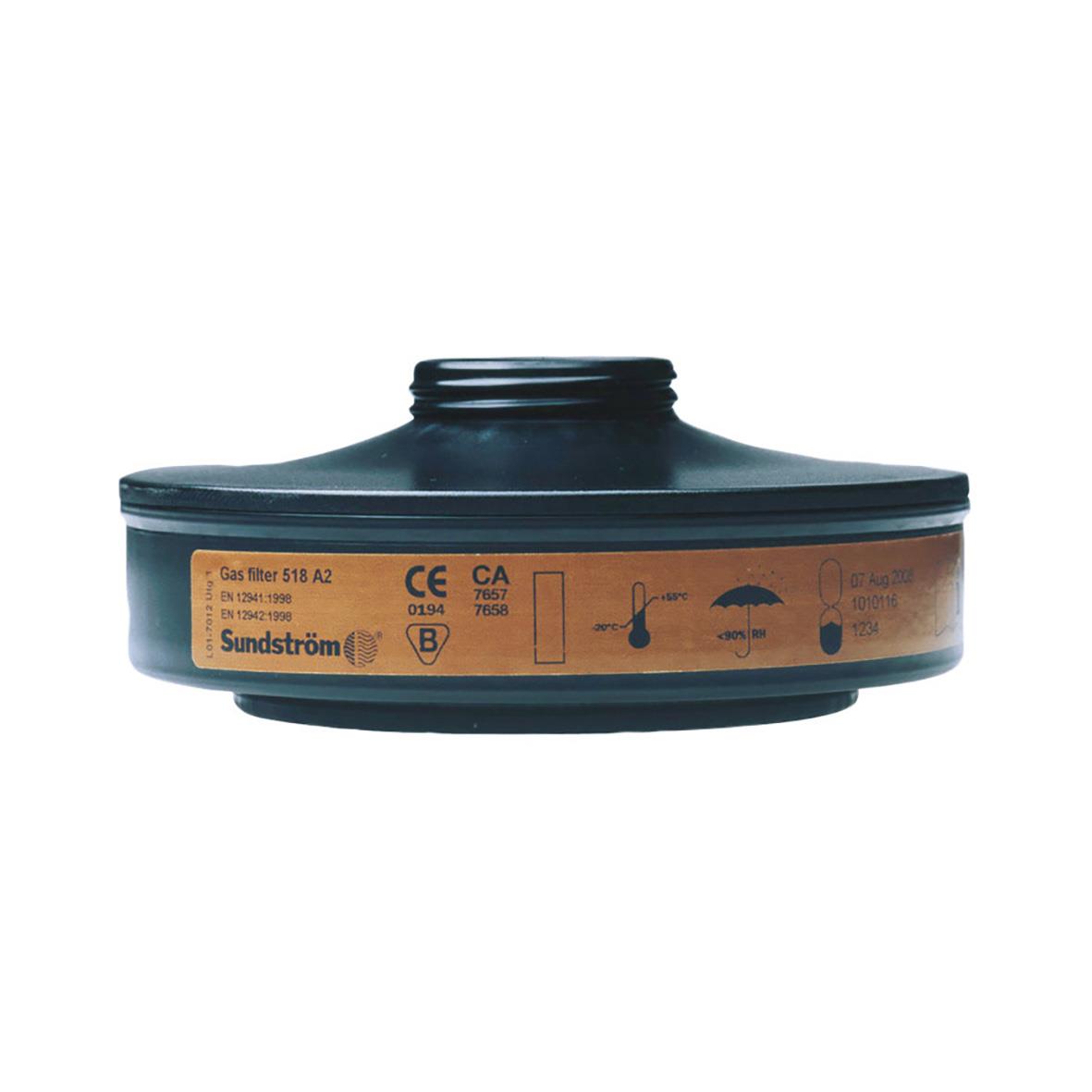 Gasfilter Sundström SR 518 A2 i svart plast med orange etikett