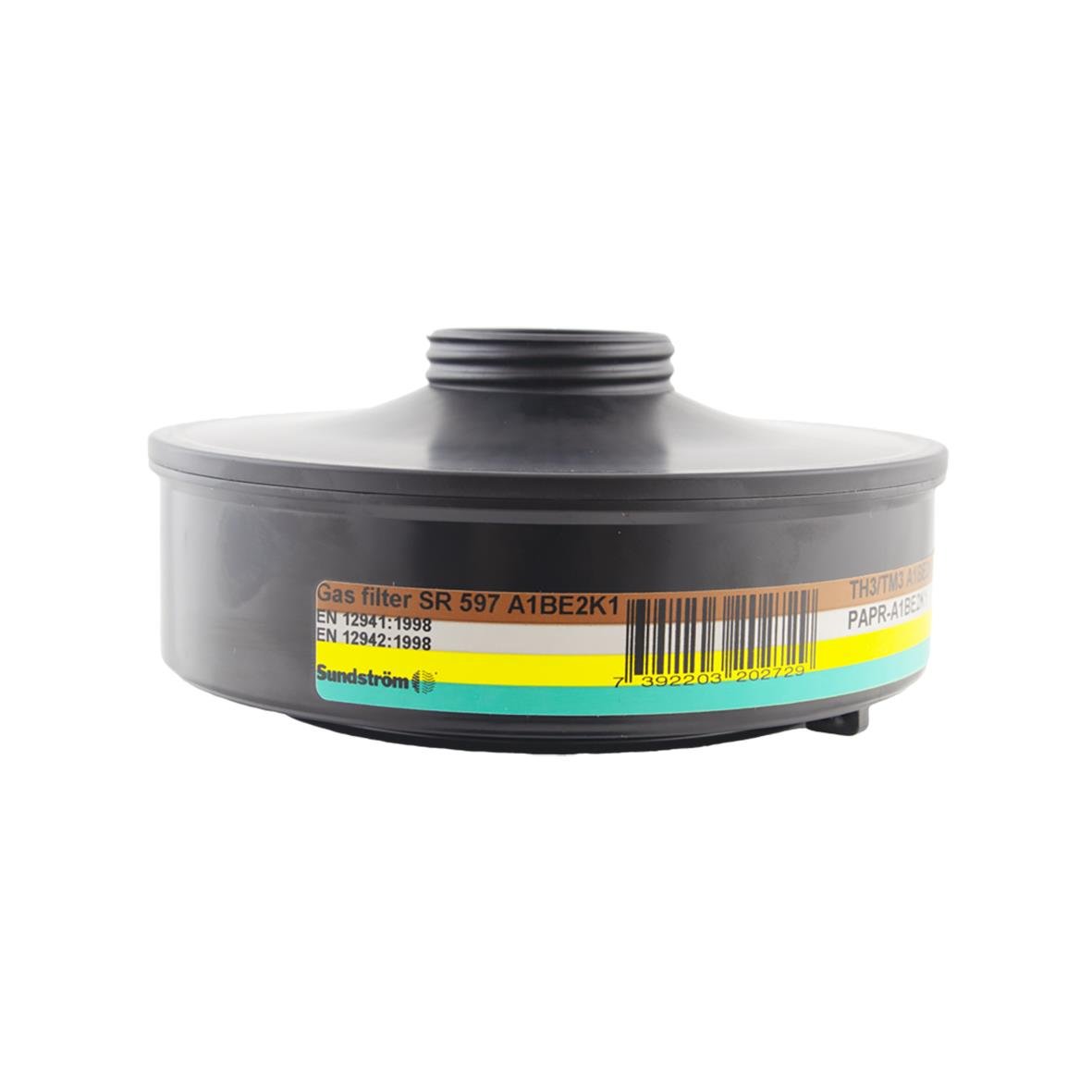 Gasfilter Sundström SR 597 A1BE2K1, rund filter med svart topp och etikett, används för andningsskydd