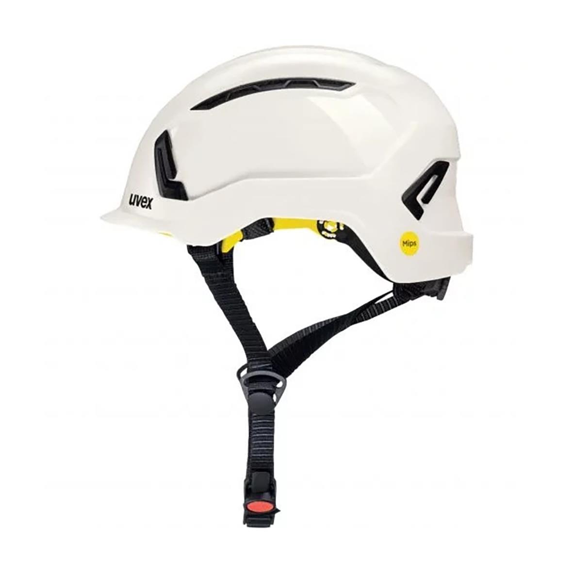 Vit skyddshjälm Uvex Pronamic Alpine MIPS med svart hakrem och ventilation