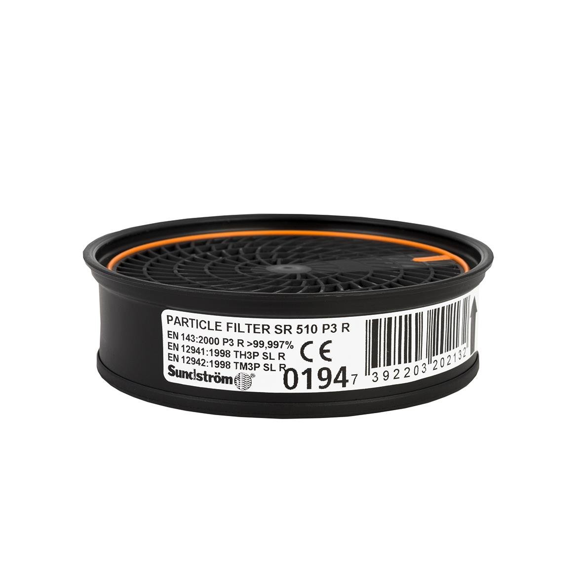 Partikelfilter Sundström SR 510 P3 R med cirkulär design och etikett