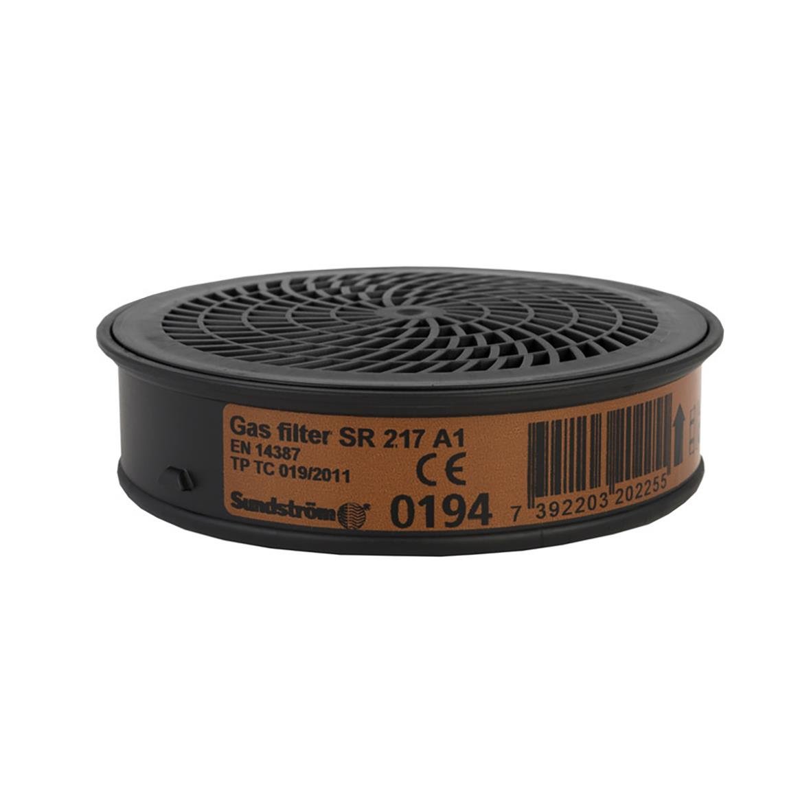 Gasfilter Sundström SR 217 A1 i svart med etikett och ventilationsgaller