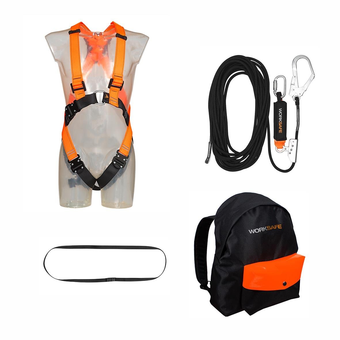 Fallskyddspaket med sele, rep, karbinhake och ryggsäck för takarbete
