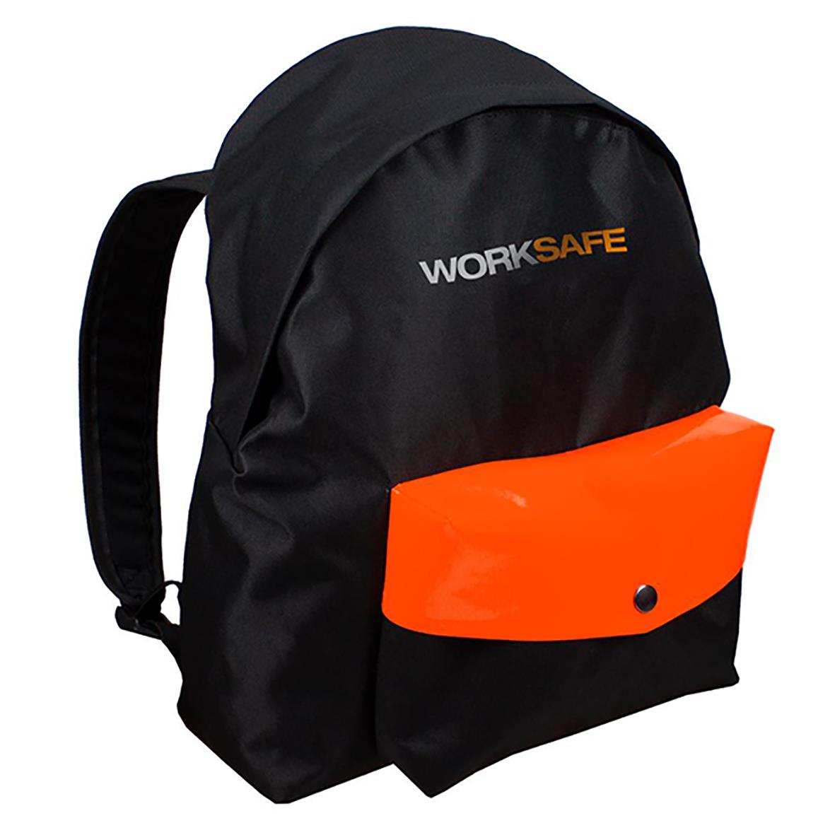 Svart ryggsäck med orange ficka och WorkSafe Fallprotection logo