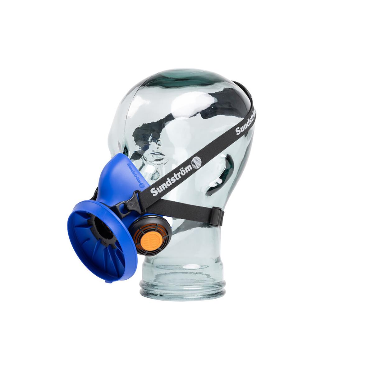Halvmask Sundström SR100 i silikon med blå andningsventil och justerbar rem
