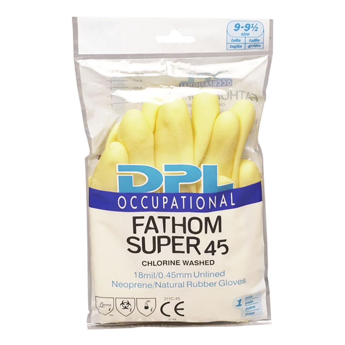 Gula latex/neopren flergångshandskar i förpackning, storlek 7,5