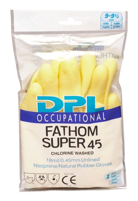 Gula flergångshandskar av latex/neopren i förpackning, storlek 8,5, för industriellt bruk