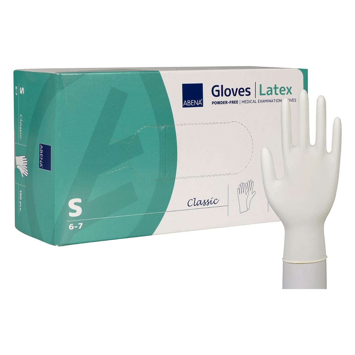Engångshandske Abena Latex puderfri natur S för handskiftning, förpackning med en handmodell