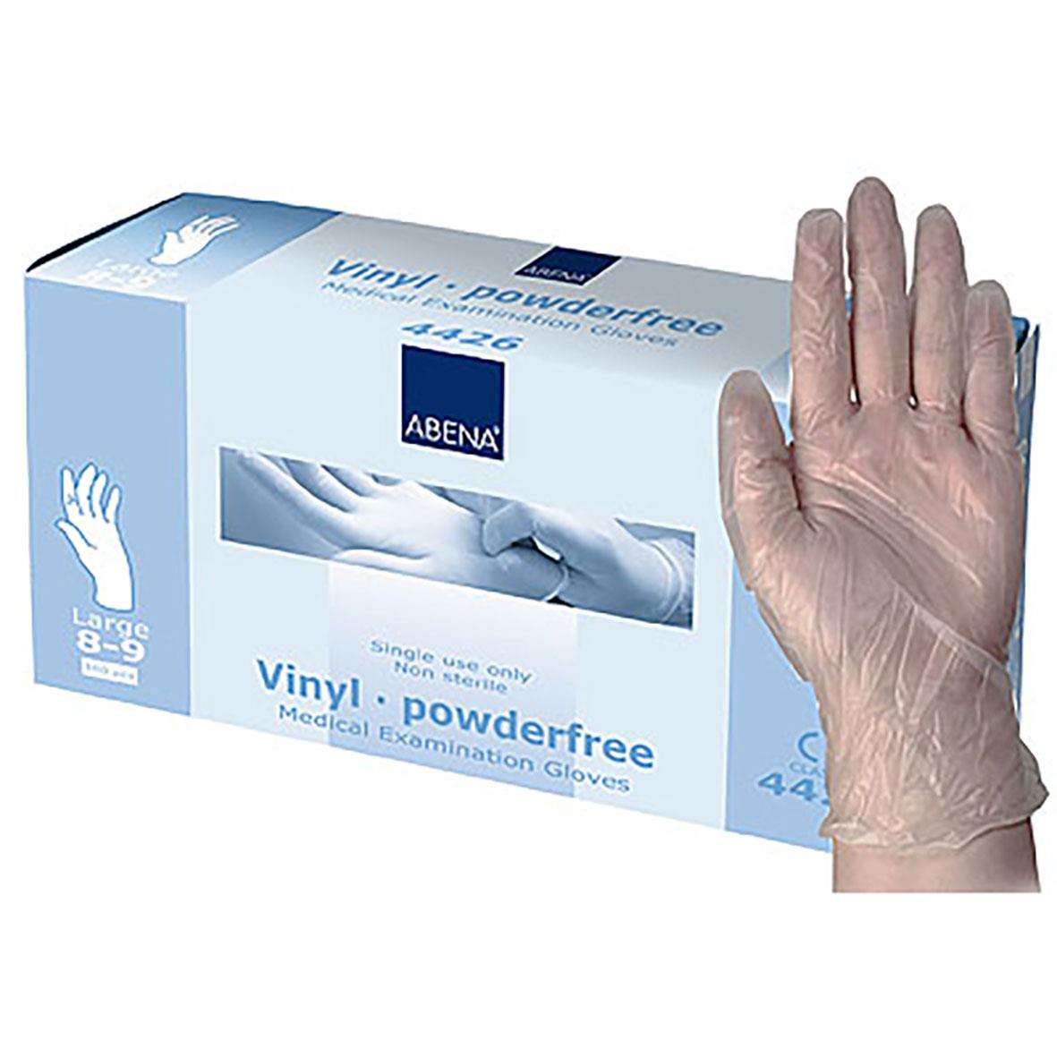 Engångshandske Abena Vinyl puderfri L, en hand med handsk på, förpackning i bakgrunden