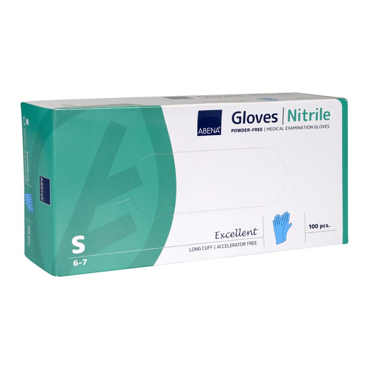 Blå nitrilhandskar i engångspaket från Abena, puderfria och långa, storlek S, 100 stycken