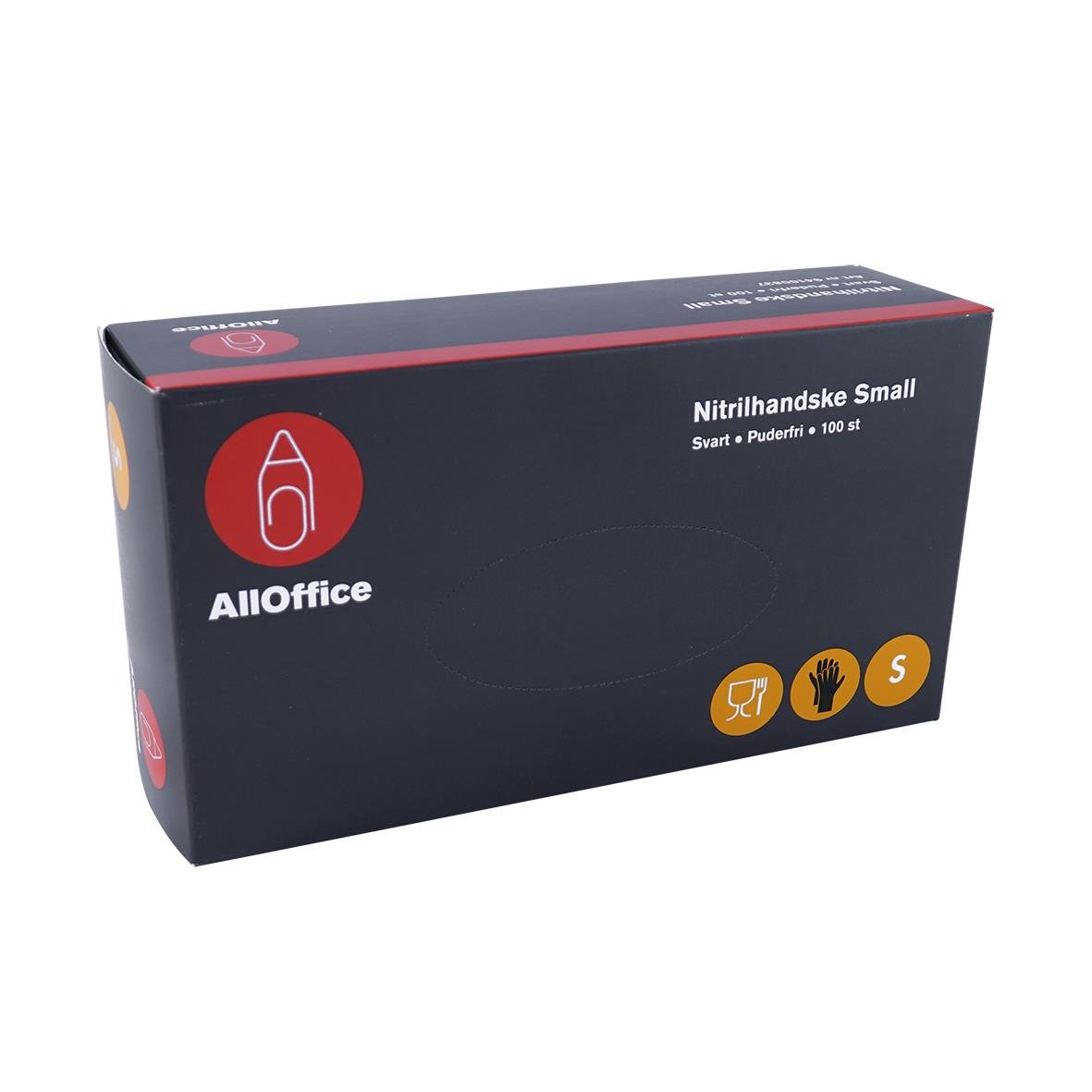 Svart nitrilhandske AllOffice Puderfri Small i förpackning