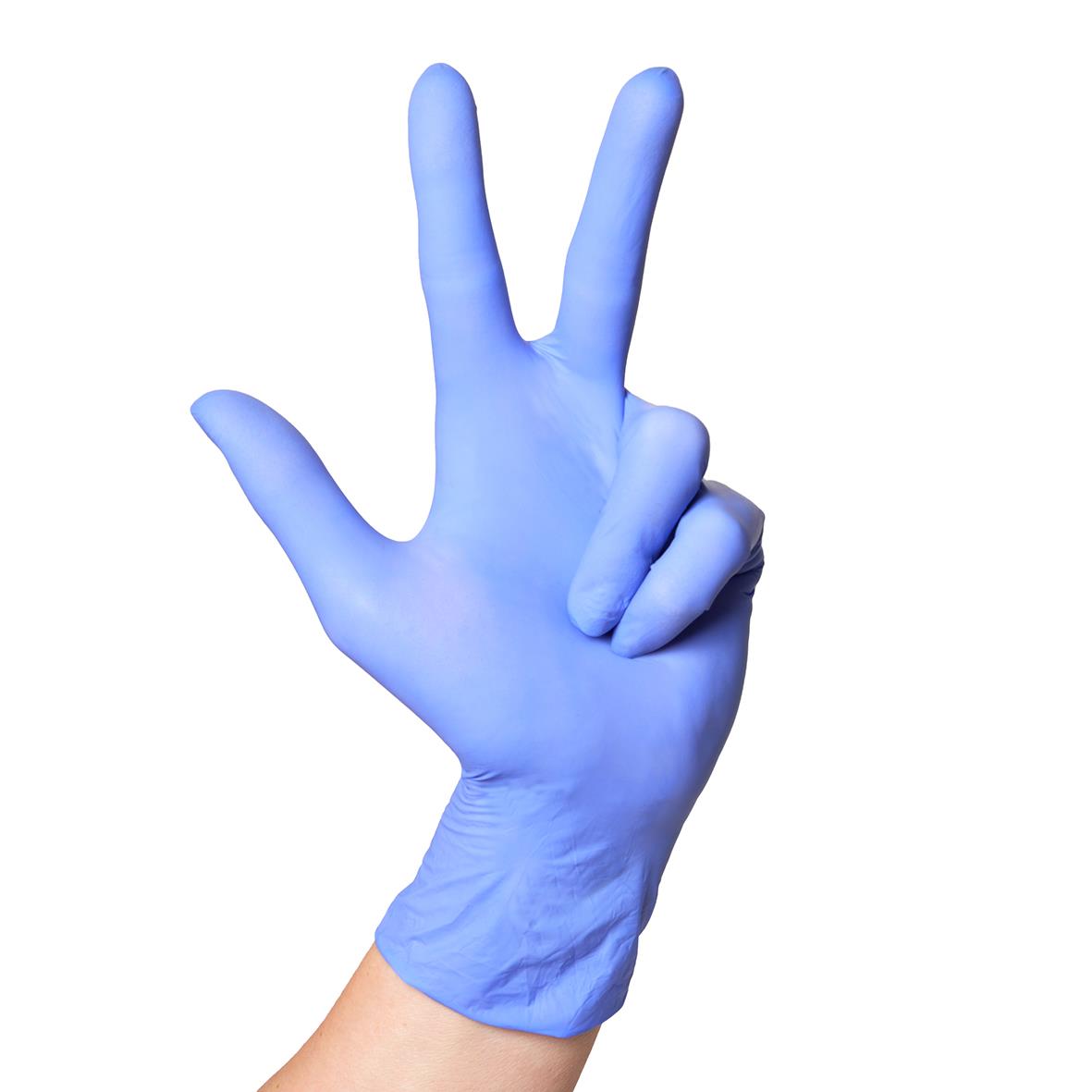 Blå engångshandske i nitril med två fingrar uppåt, visar hand i handskan