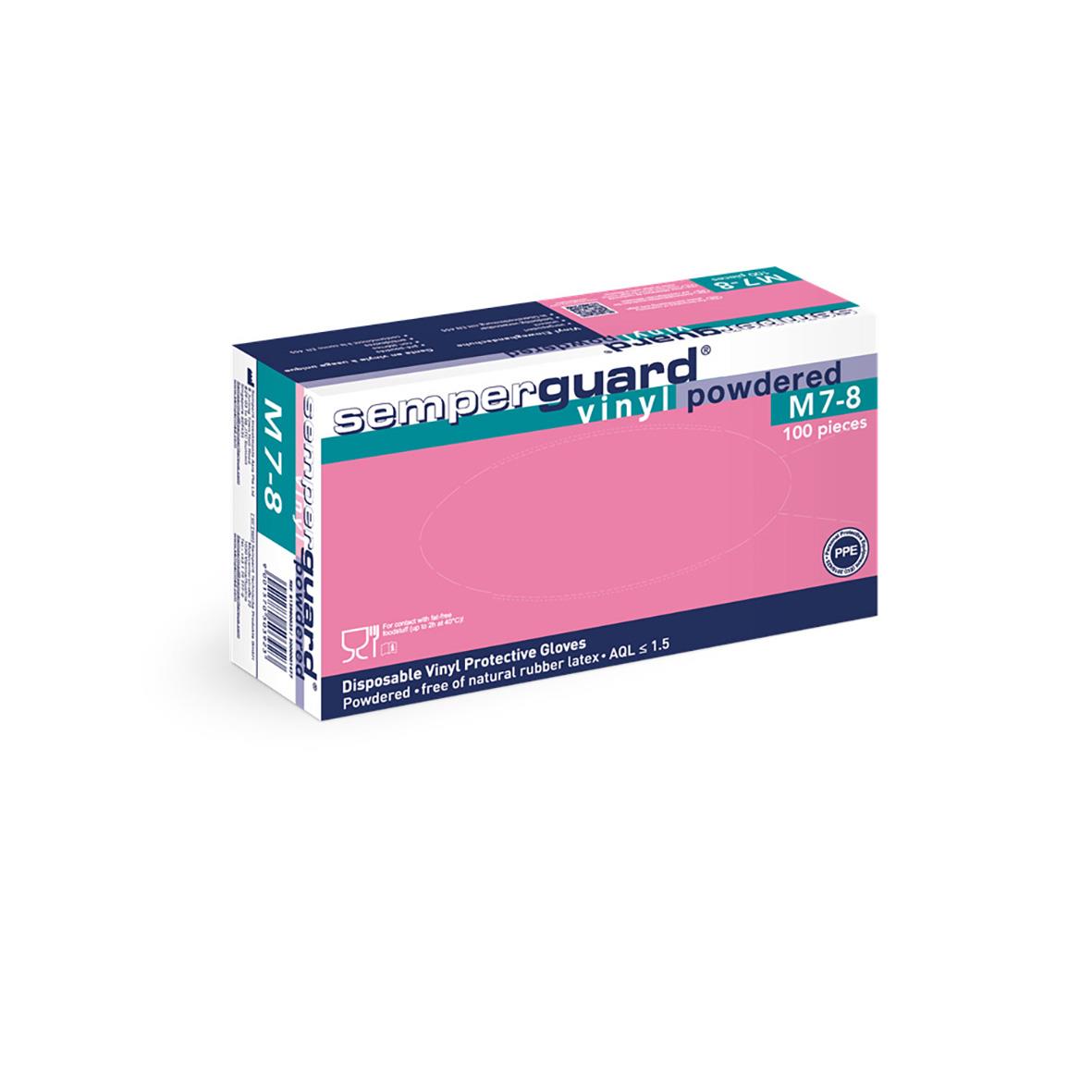 Engångshandske Semperguard Vinyl Puderf Transp L i rosa och blå förpackning