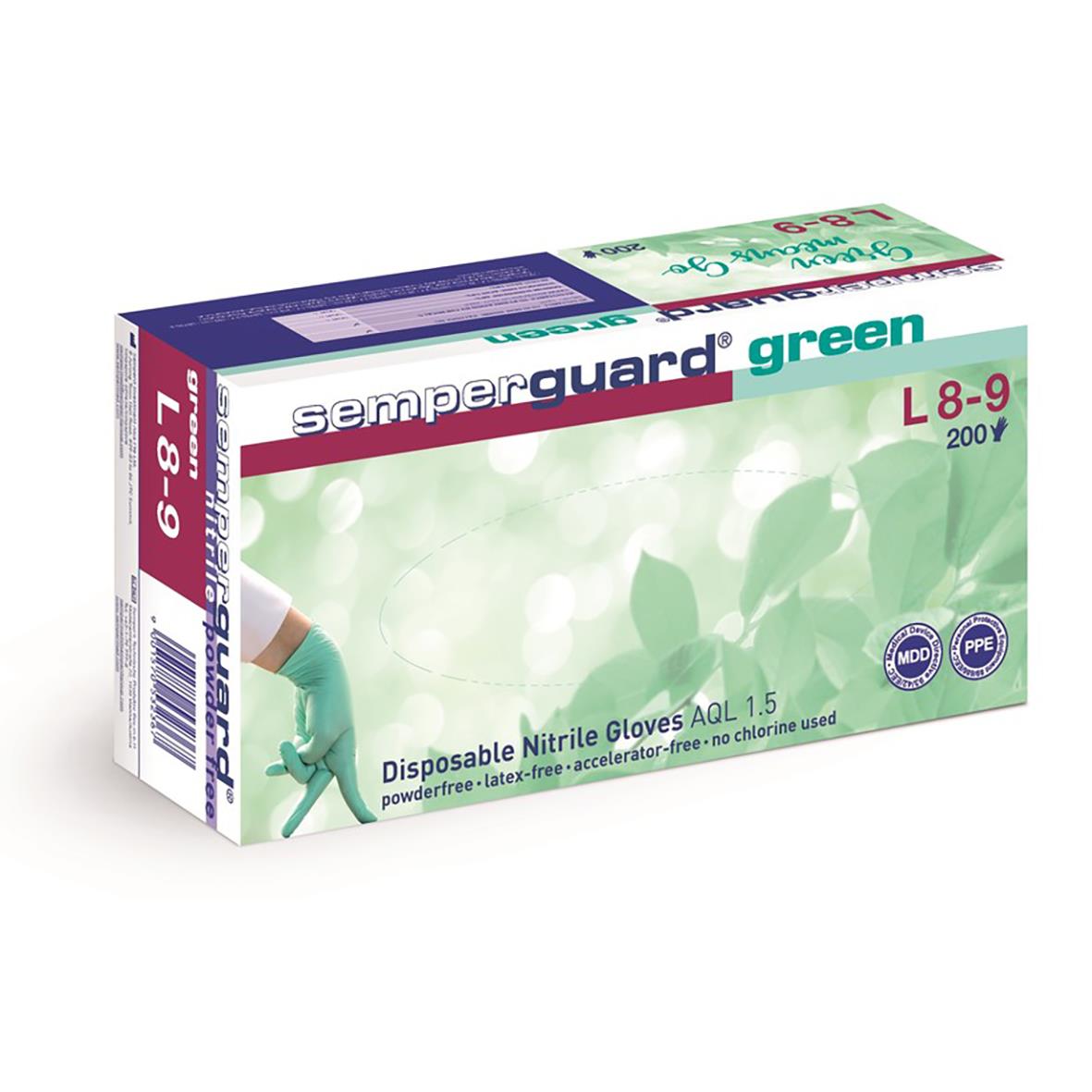 Gröna engångshandskar Semperguard Nitril L8-9, 200 stycken