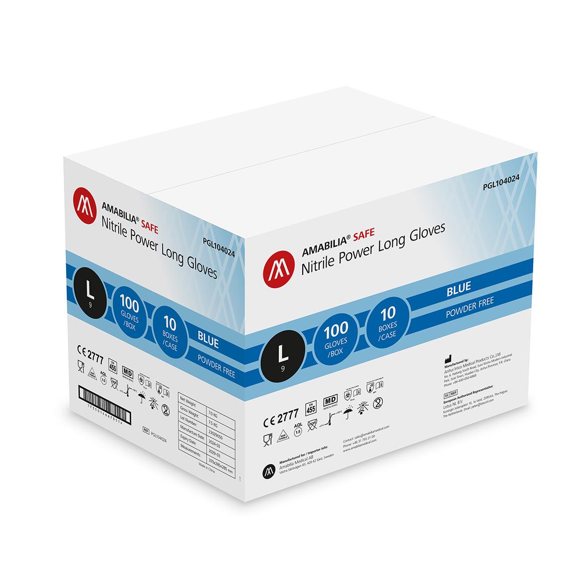 Förpackning med 100 blå nitrilhandskar i storlek L, extra långa och pulverfria