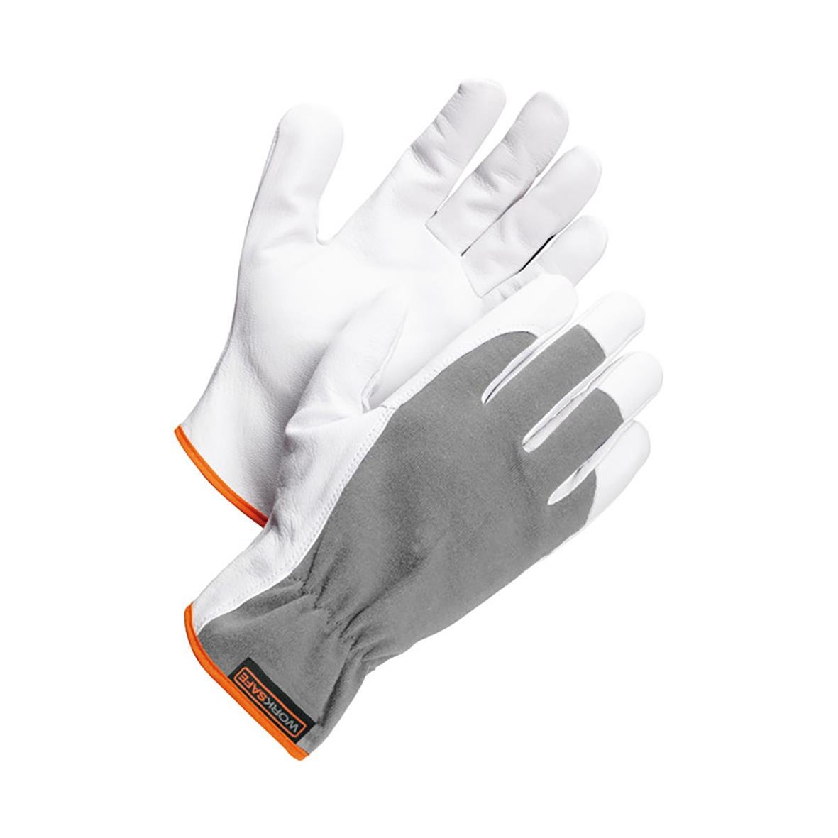 Grå montagehandske Worksafe A10-111 i storlek 9 med vit och grå design och orange kant
