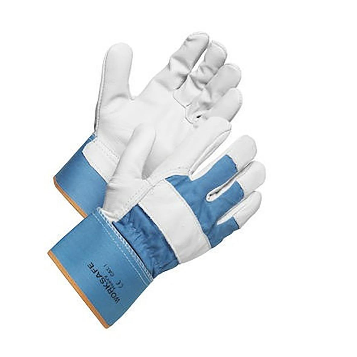 Skyddshandskar i vitt och blått med texten Protective Glove på armen