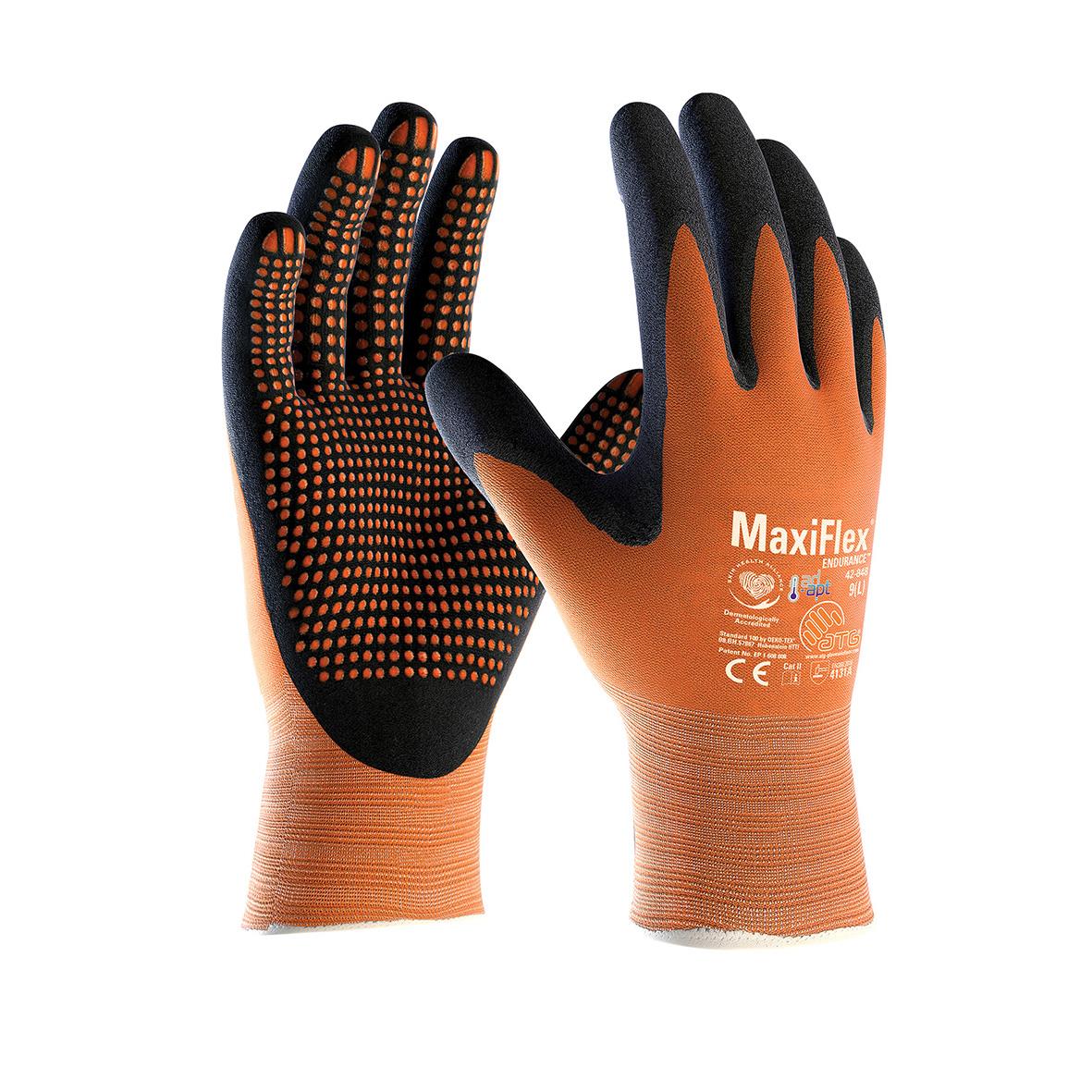 Handskar MaxiFlex Endurance Ad-Apt 42-848 6 med orange och svarta delar samt prickmönster för grepp