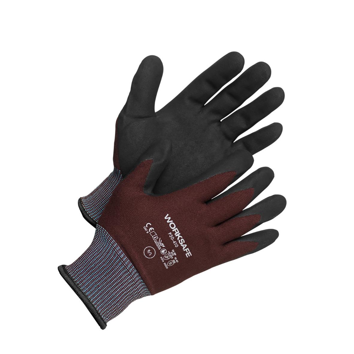 Allroundhandske Worksafe P30-410 nitrilbelagd i svart och rött, bekväm och slitstark för arbetsbruk