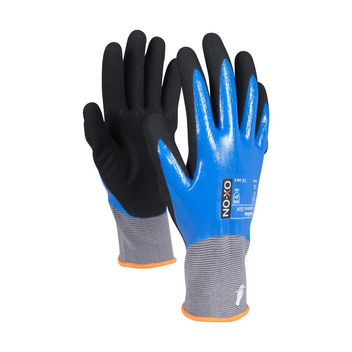 Allroundhandske OX-ON 1604 Flexible Supreme 9, svart och blå arbetshandskar med greppvänligt material