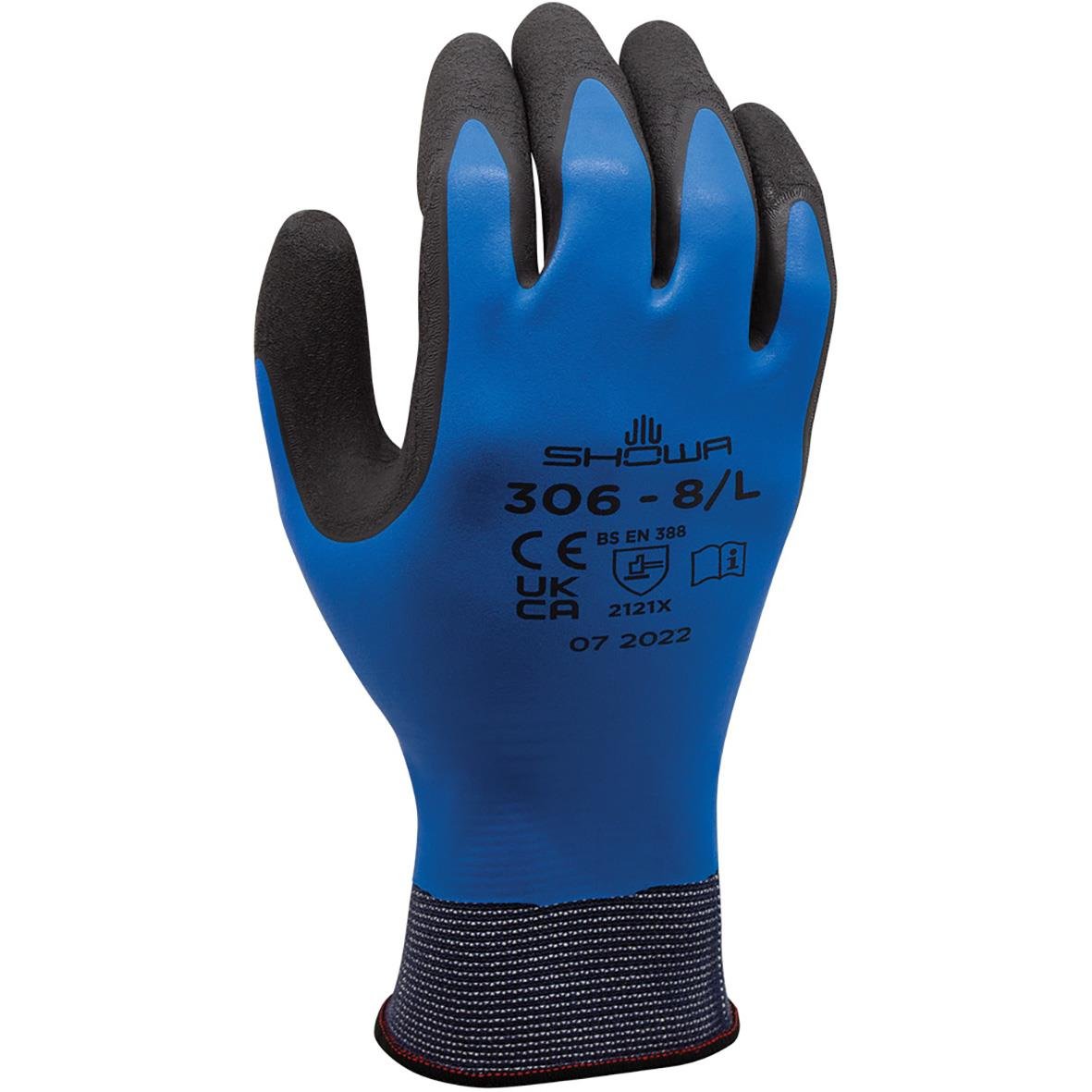 Blå och svart latexhandske Showa 306 6/7-S med text och symboler
