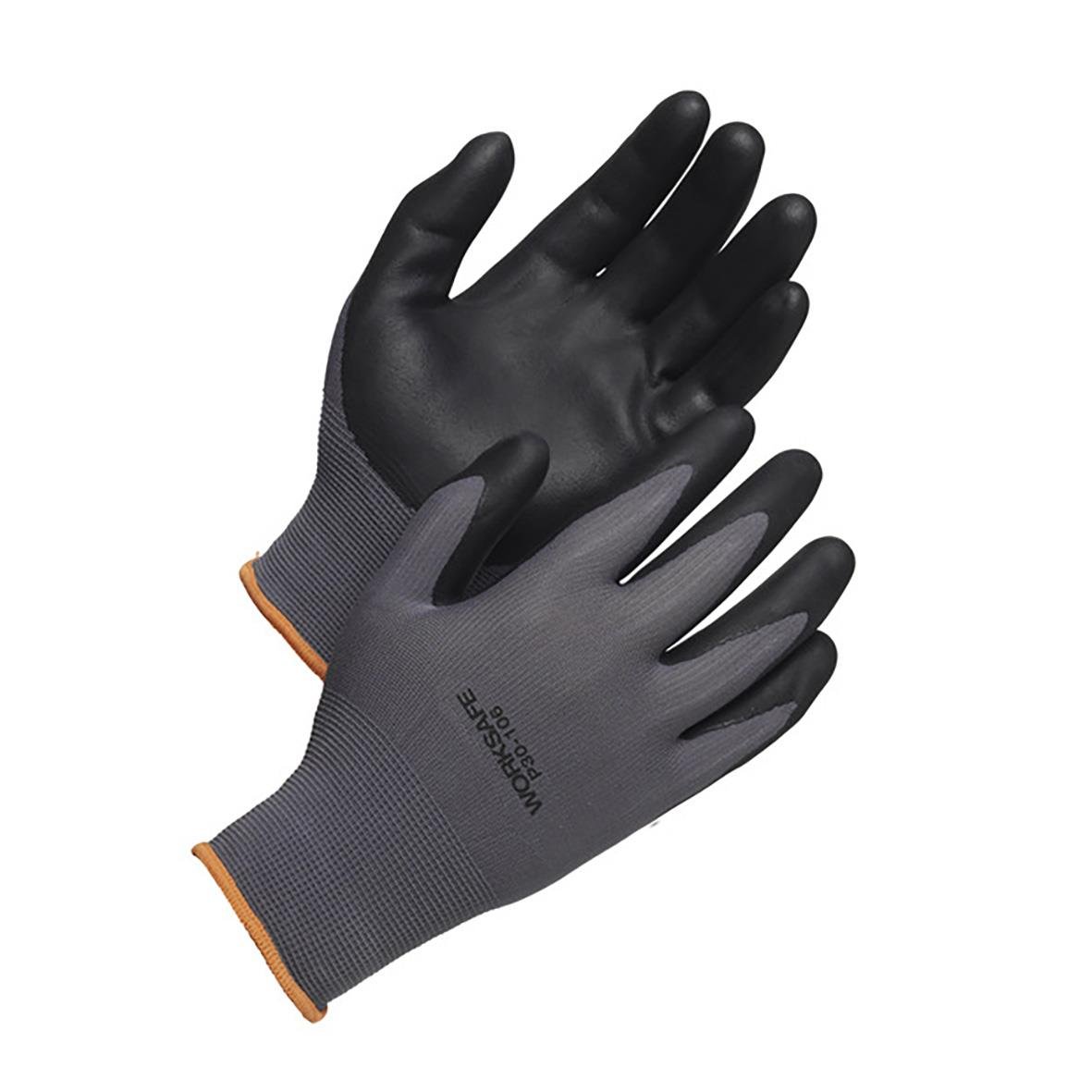 Par svarta och grå nitrilhandskar med orange kant, Handske Worksafe P30-106