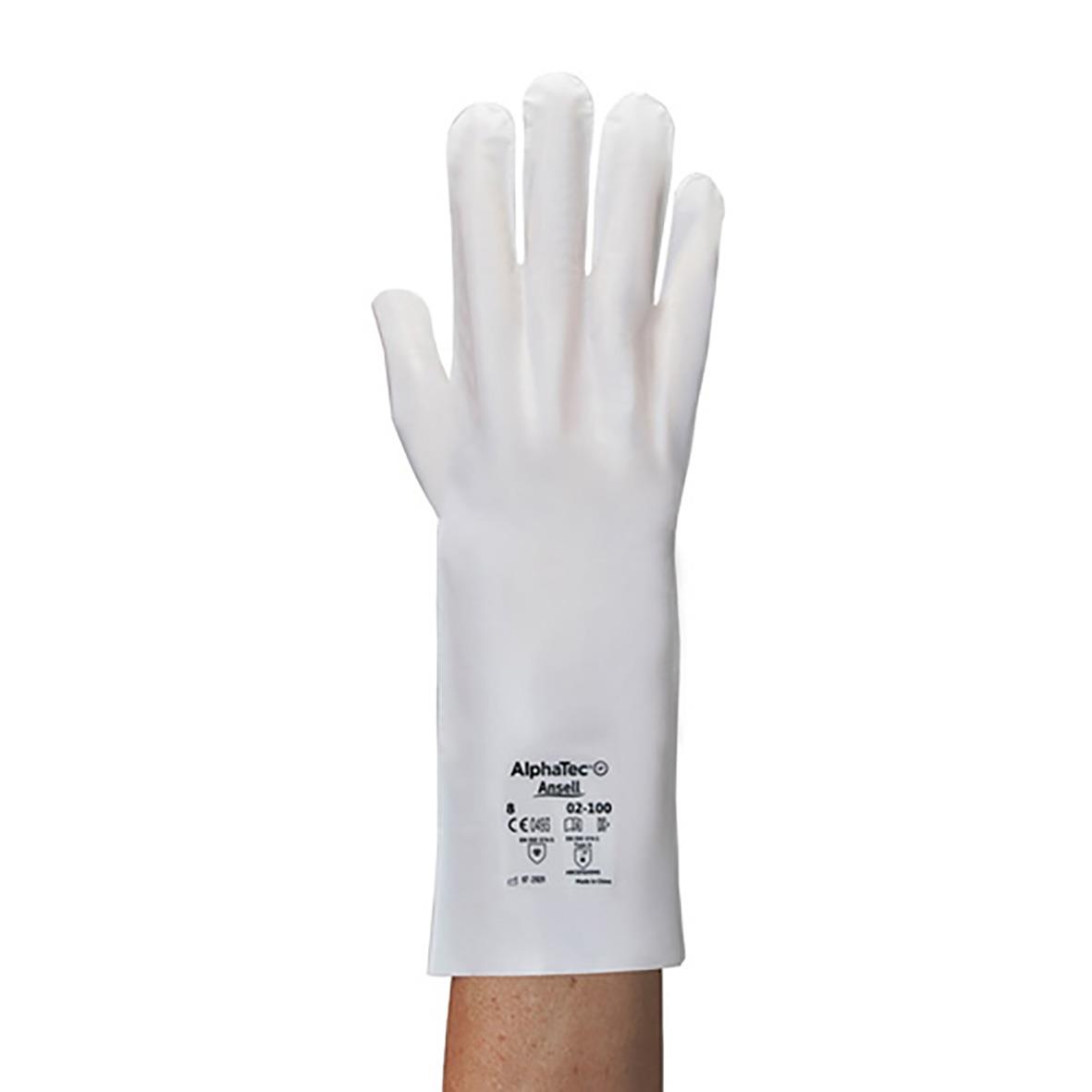 Vit kemskyddshandske AlphaTec Barrier 02-100, lång och skyddande