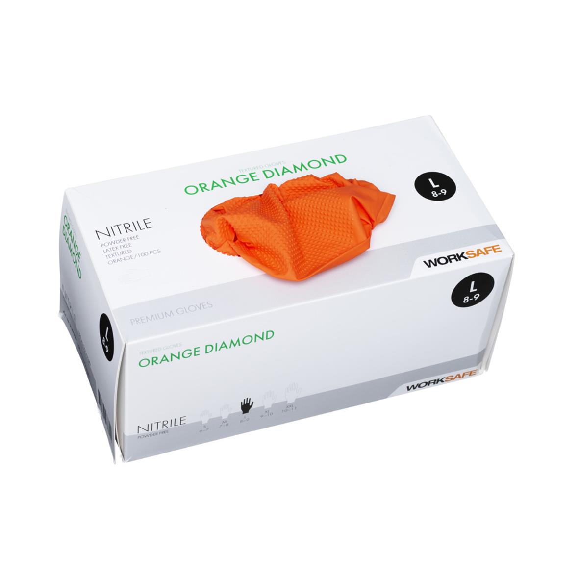 Engångshandske i orange nitril från Worksafe Diamond, storlek M