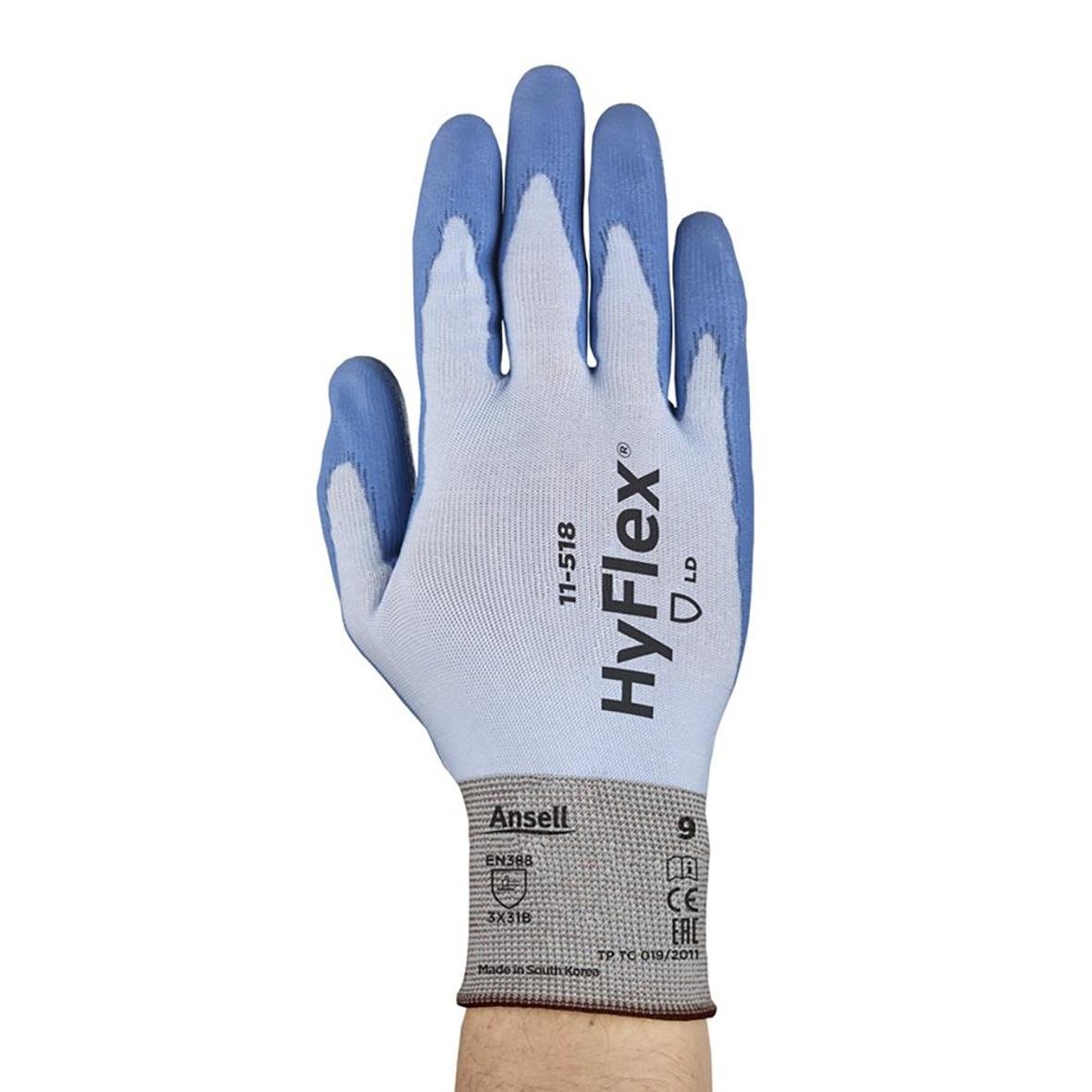 Skärskyddshandske Ansell HyFlex 11-518 i vitt och blått, storlek 9