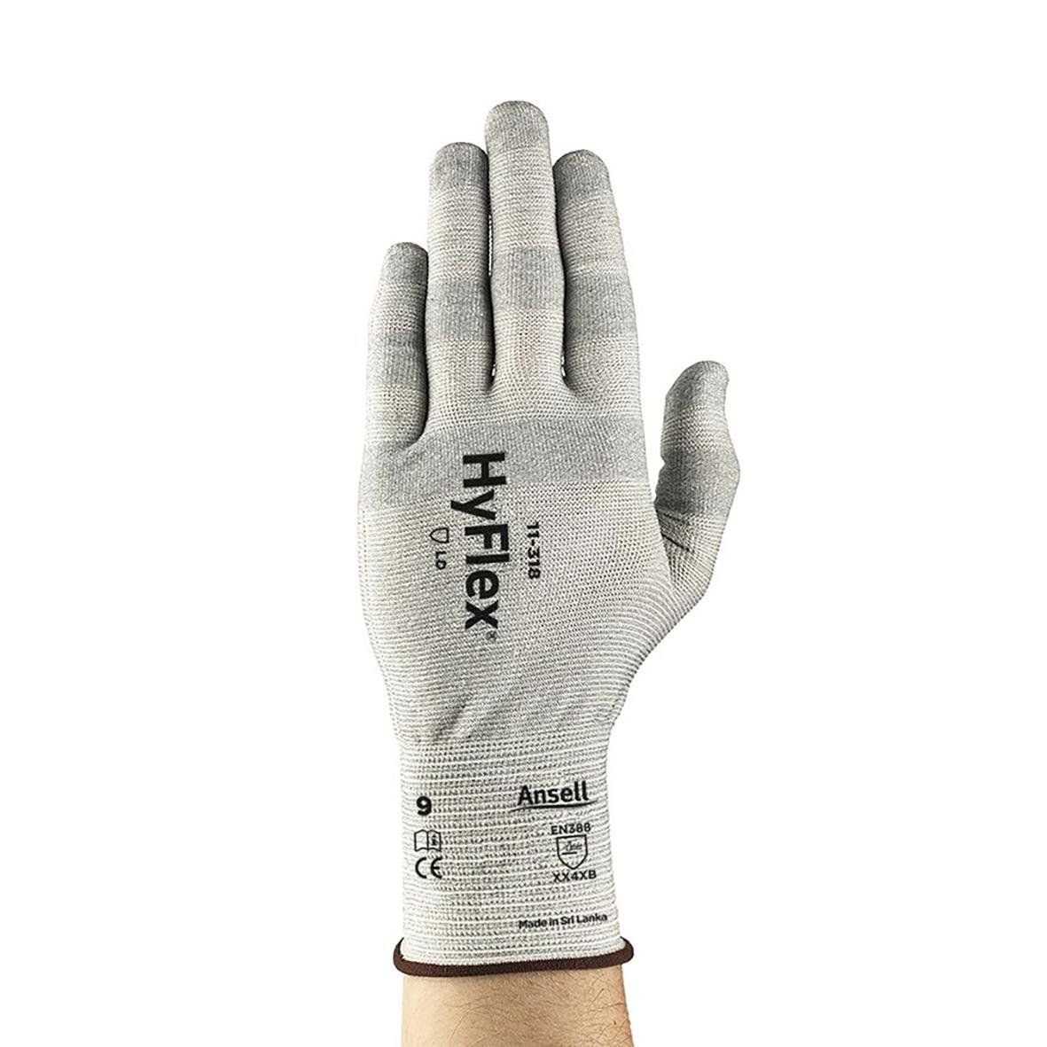 Skärskyddshandske Ansell HyFlex 11-318 i grått med text och symboler